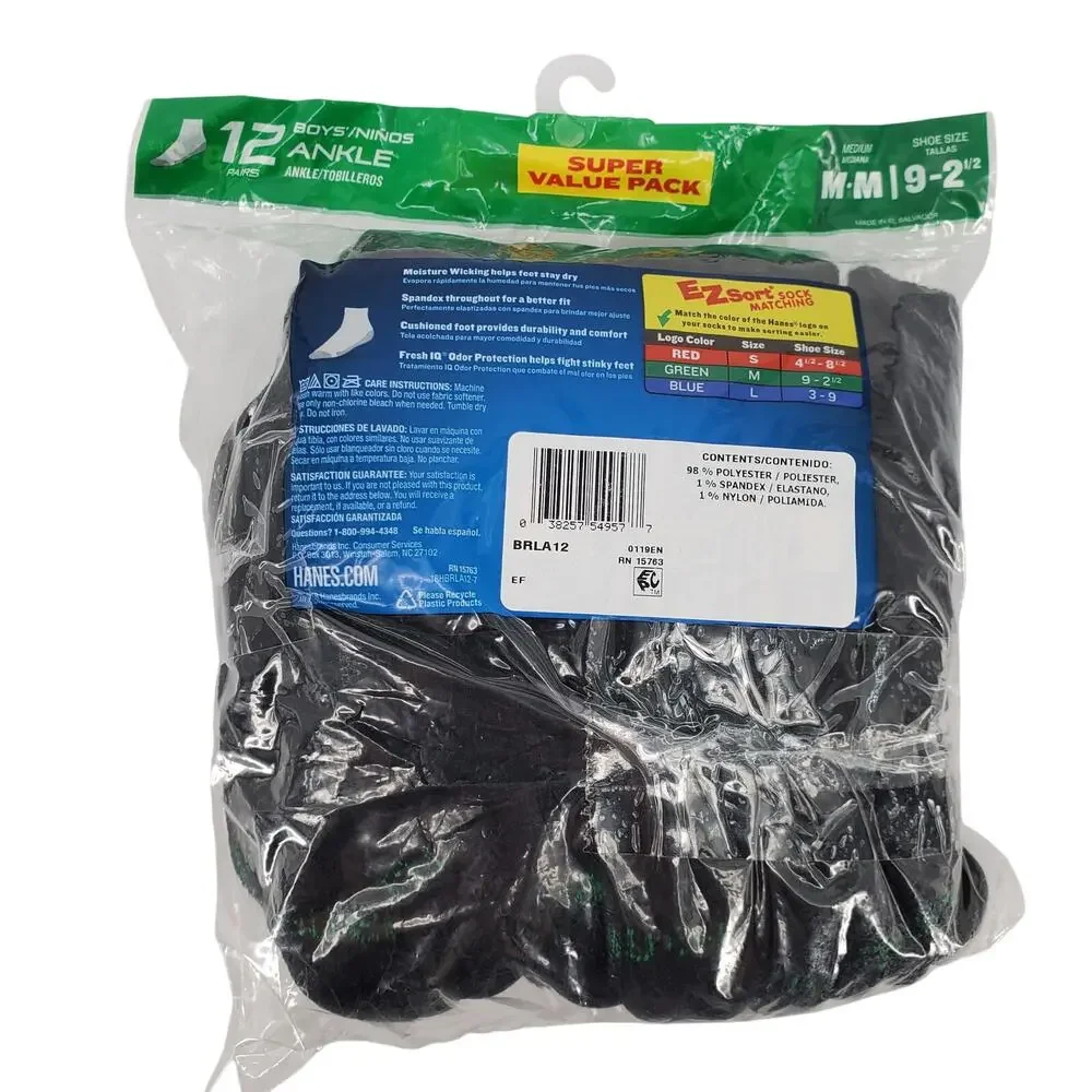 Hanes Boys Cushion‎ Angle Socks Black Medium 9-2 1/2 12 Pack New